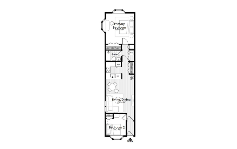 B02 - 2 bedroom floorplan layout with 1 bathroom and 934 square feet