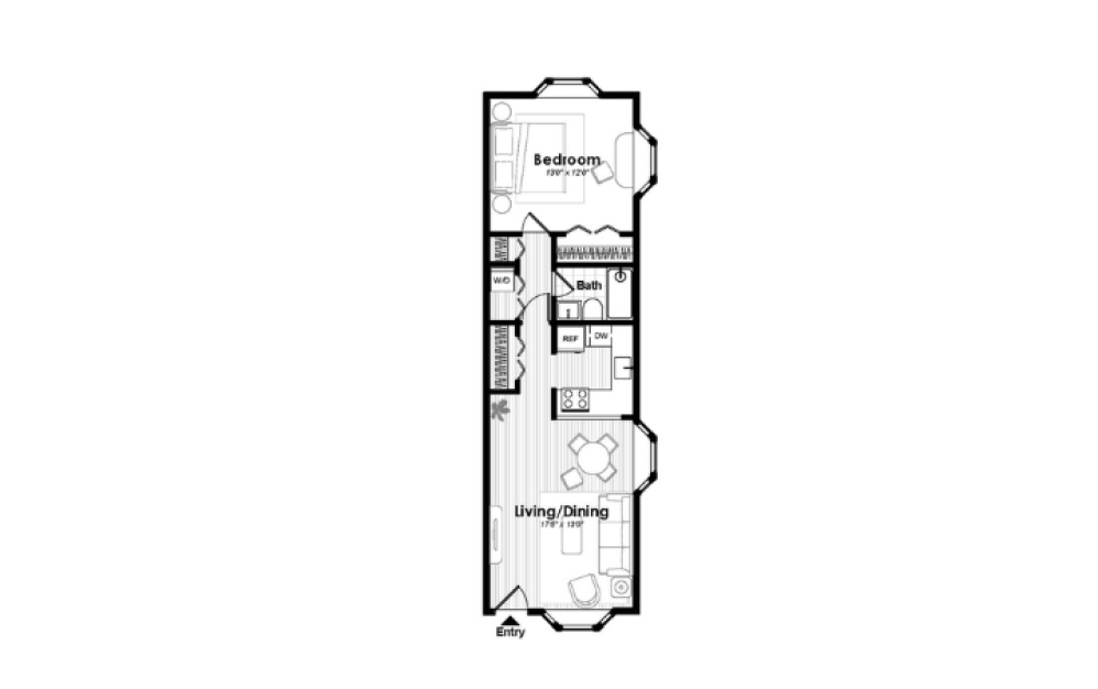 A01 - 1 bedroom floorplan layout with 1 bathroom and 658 square feet