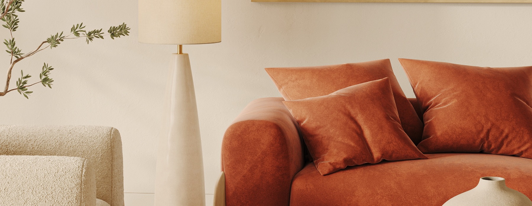 a bright room with warm-toned furniture