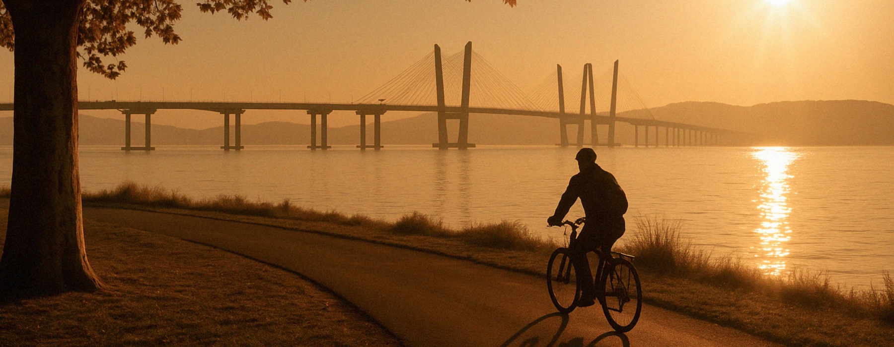 a person riding a bicycle at sunset